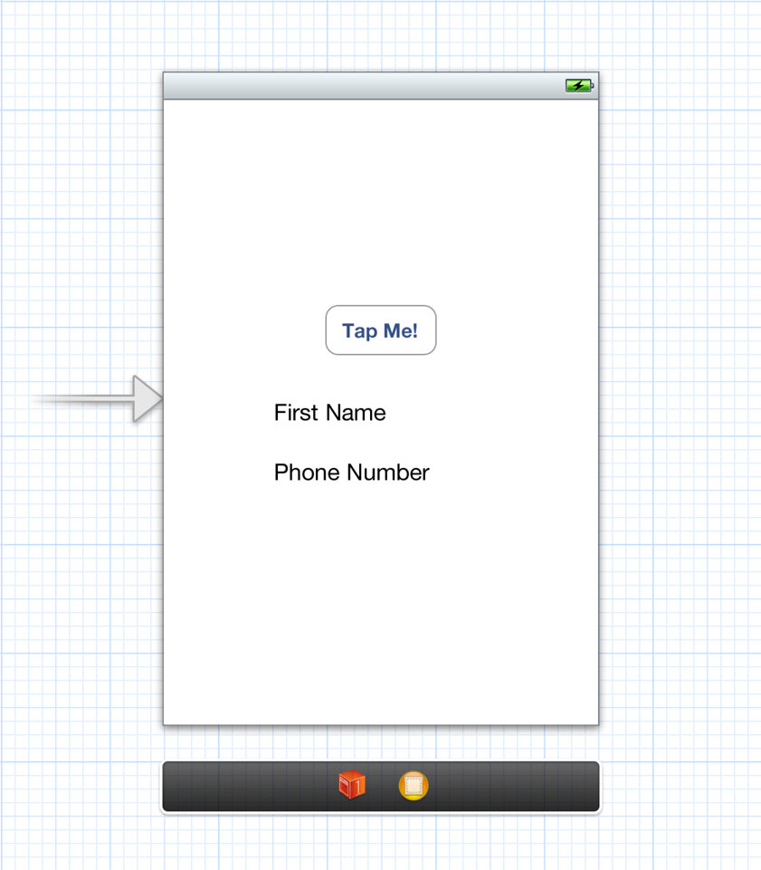A window in Interface Builder with a button in the center, titled "Tap Me!", and two text labels below it that say "First Name" and "Last Name".
