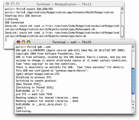 Terminal windows with the commands for debugging a PowerPC binary on an Intel-based Macintosh computer