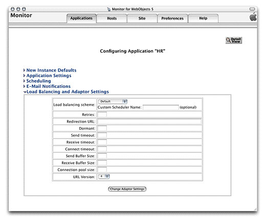 The Load Balancing and Adaptor Settings section of the application configuration page