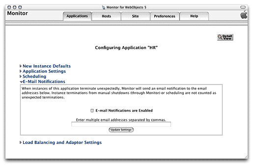 The Email Notifications section of the Application Configuration page