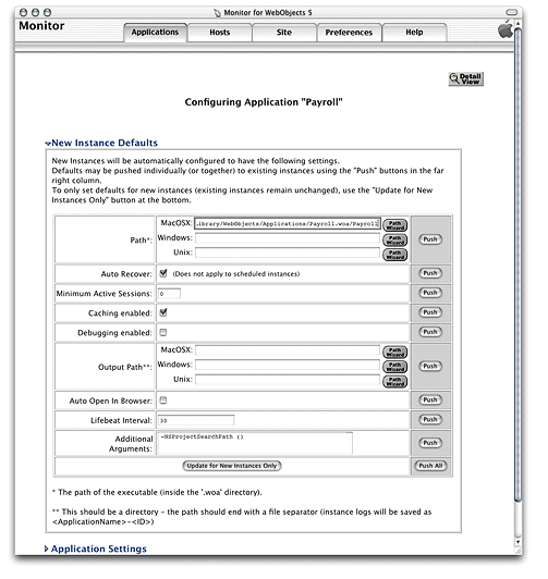 The New Instance Defaults section of the application configuration page