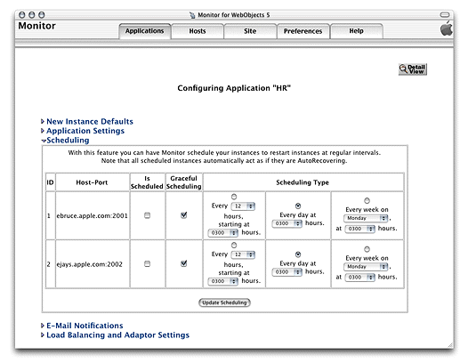 The Scheduling section of the application configuration page