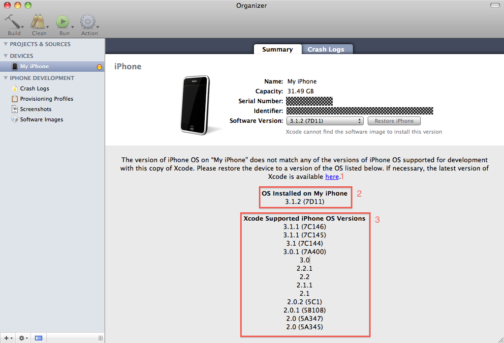 Figure 1 Xcode Organizer for a device running a newer version of iPhone OS than Xcode supports.