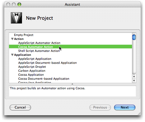 Choosing a Cocoa Automator Action project type in Xcode