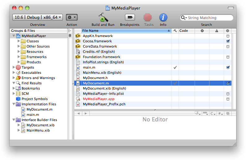 The Xcode project window for MyMediaPlayer