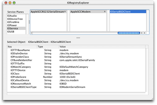 I/O Kit objects supporting a serial device in I/O Registry Explorer