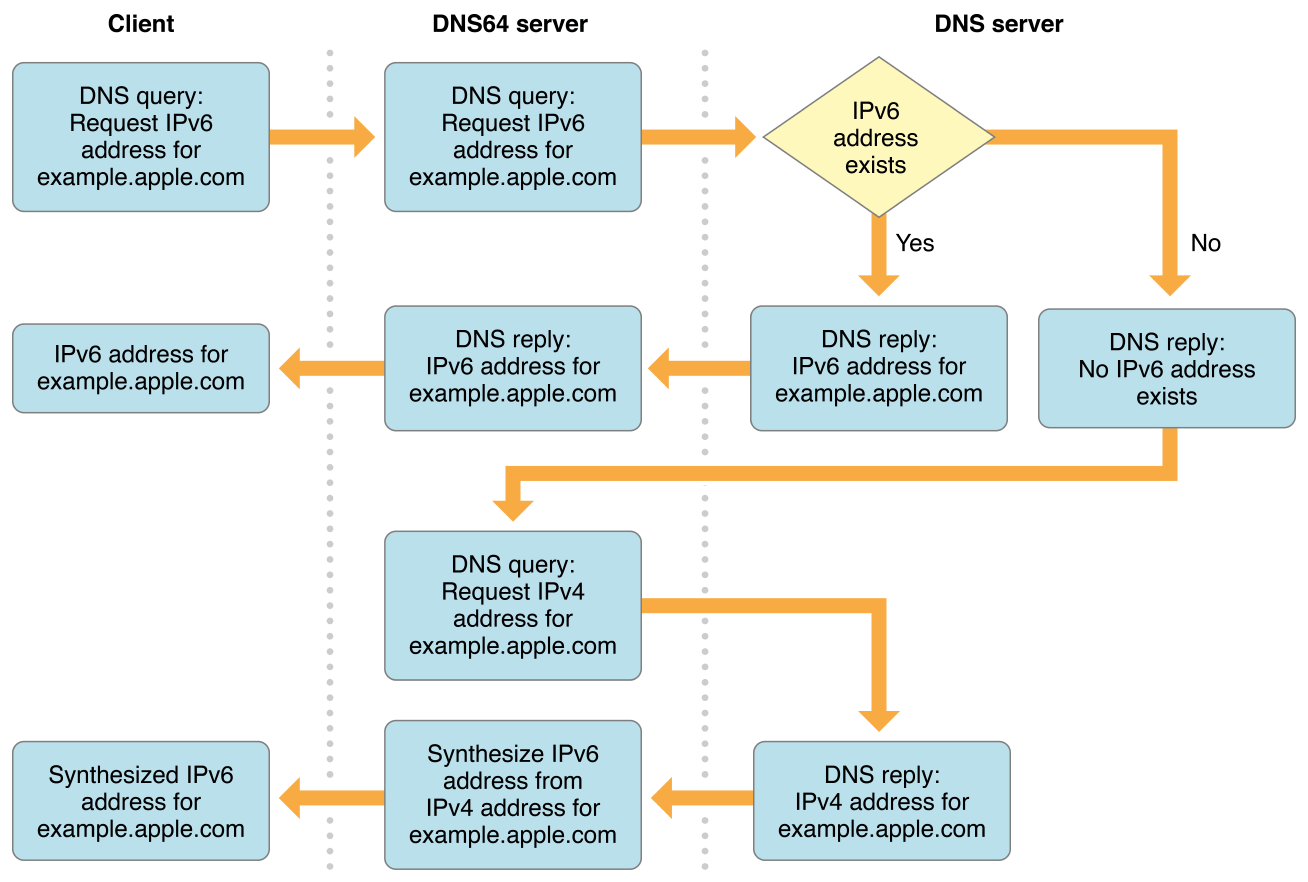 Figure 10-3  DNS64 IPv4 to IPv6 translation process