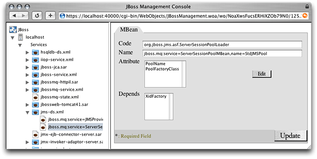 The JBoss Management Console window showing one of the configuration panes for the JMS Directory Service