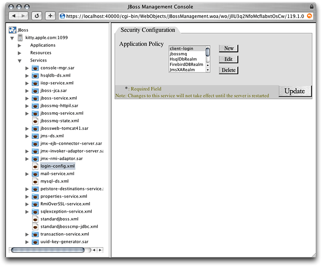 The JBoss Management Console window showing the Security Configuration pane of the log-in configuration service
