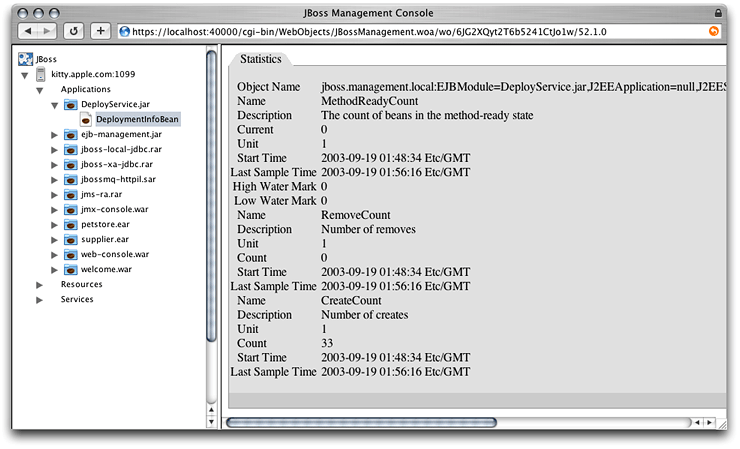 The JBoss Management Console window showing the statistics of the Deploy Service