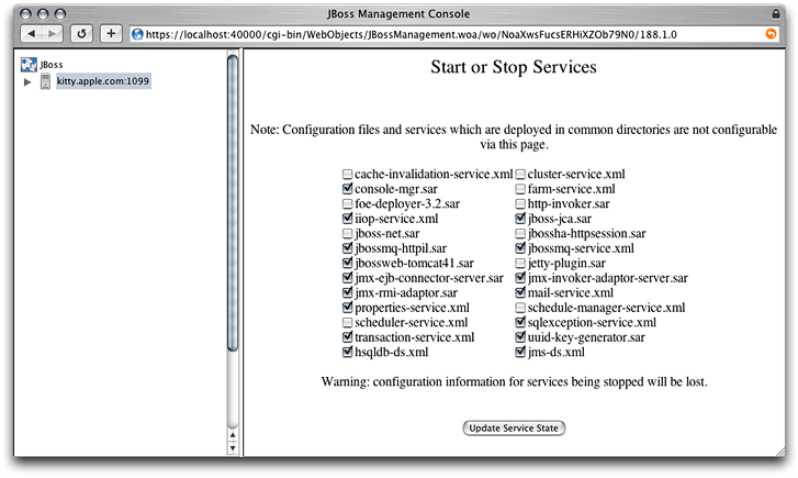 The JBoss Management Console window showing the Start or Stop Services pane