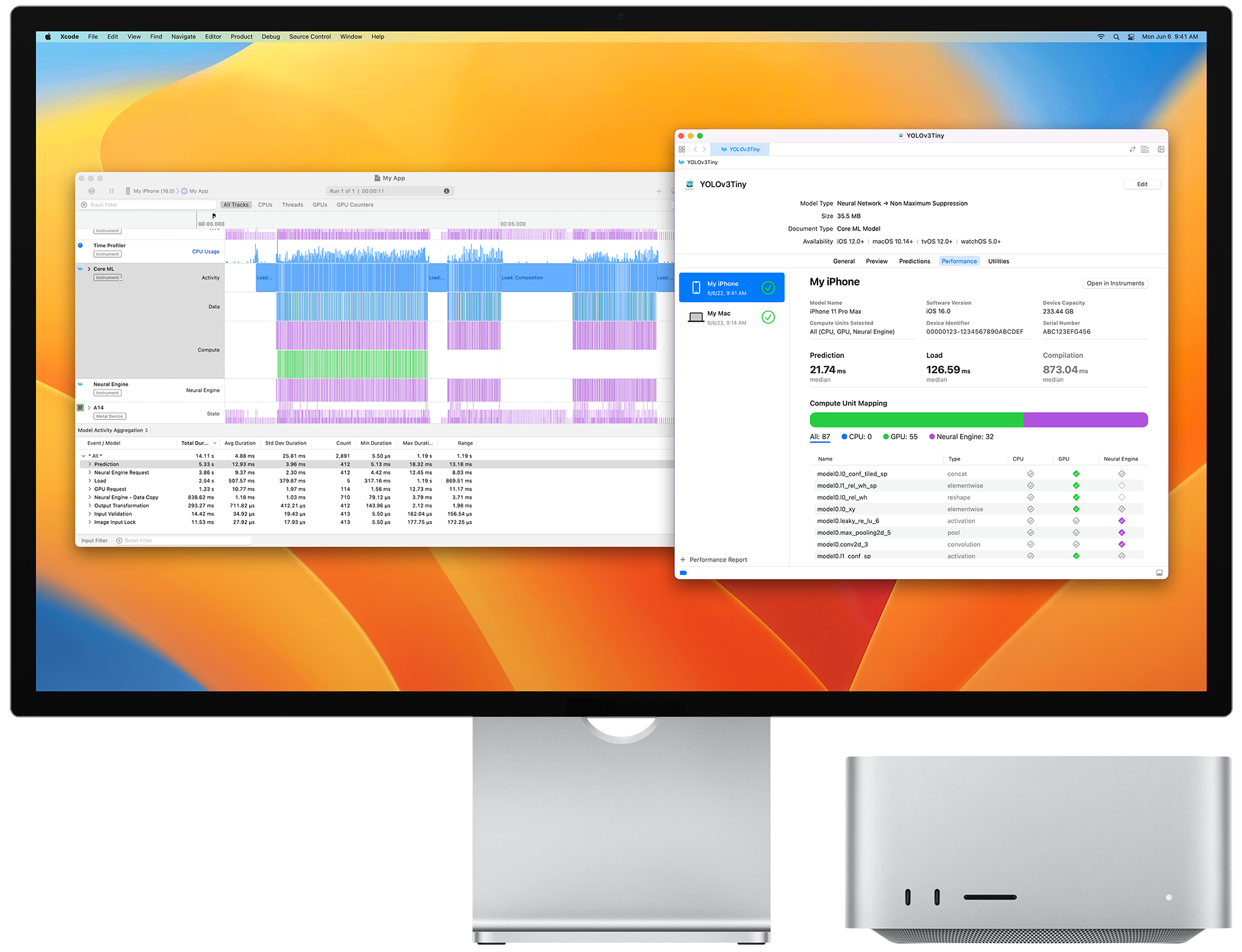 Mac Studioと、Xcodeのウインドウが開いているApple Studio Display。