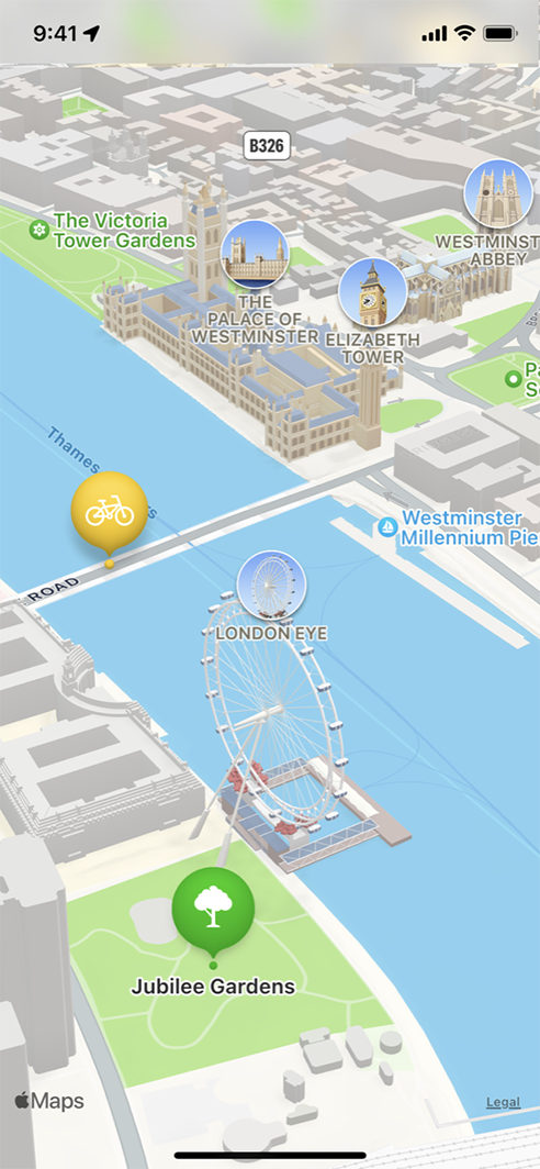3D Apple 지도가 표시된 iPhone