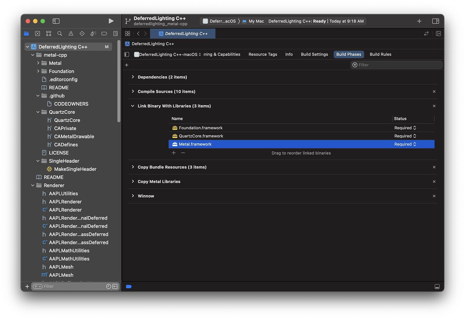 Screenshot of highlighted library in Xcode