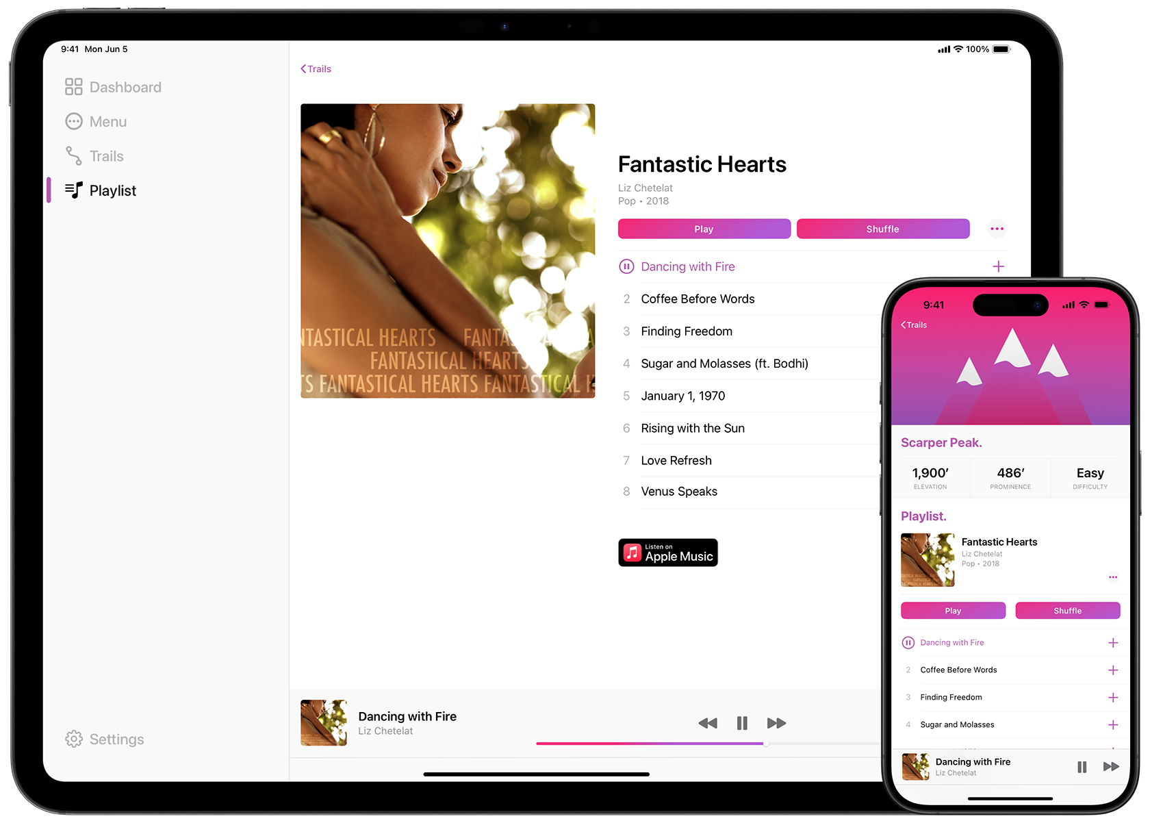 An iPad and iPhone showing a music playlist within an app.