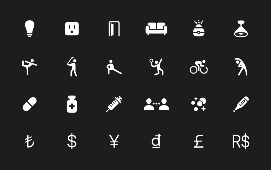 Sample grid of new symbols in white.