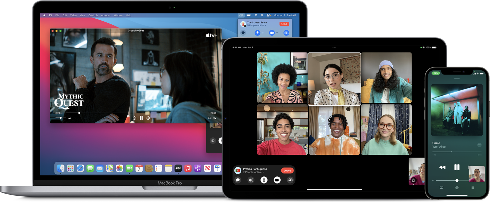 세 가지 서로 다른 SharePlay 활동이 표시된 MacBook Pro, iPad 및 iPhone