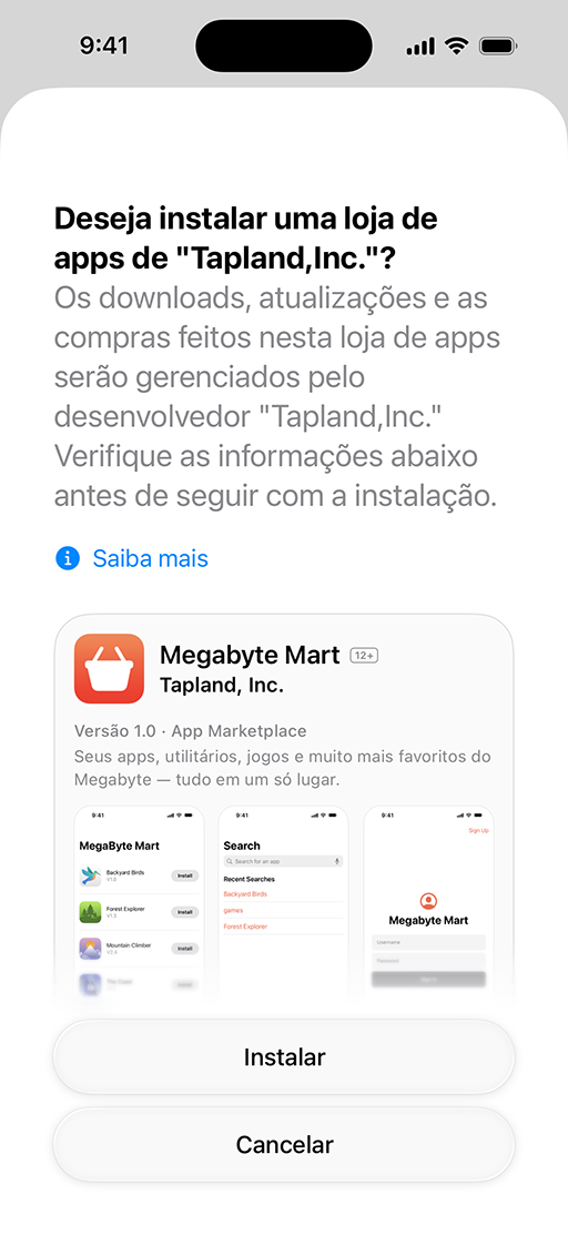 Tela do iPhone mostrando a interface de instalação de um mercado de apps alternativo