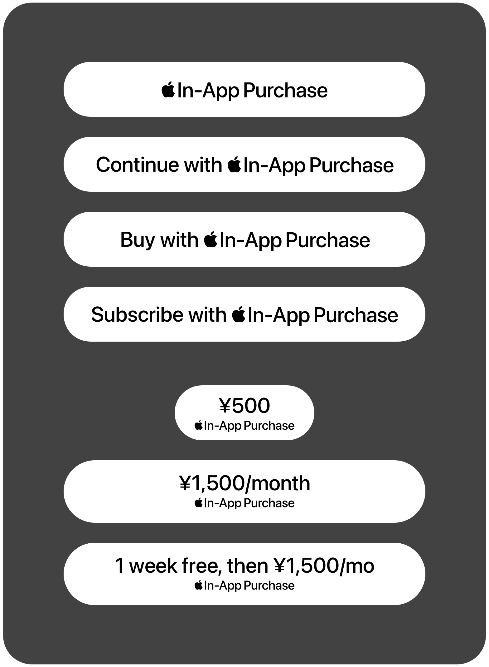Examples of standard Apple In-App Purchase buttons with Apple branding