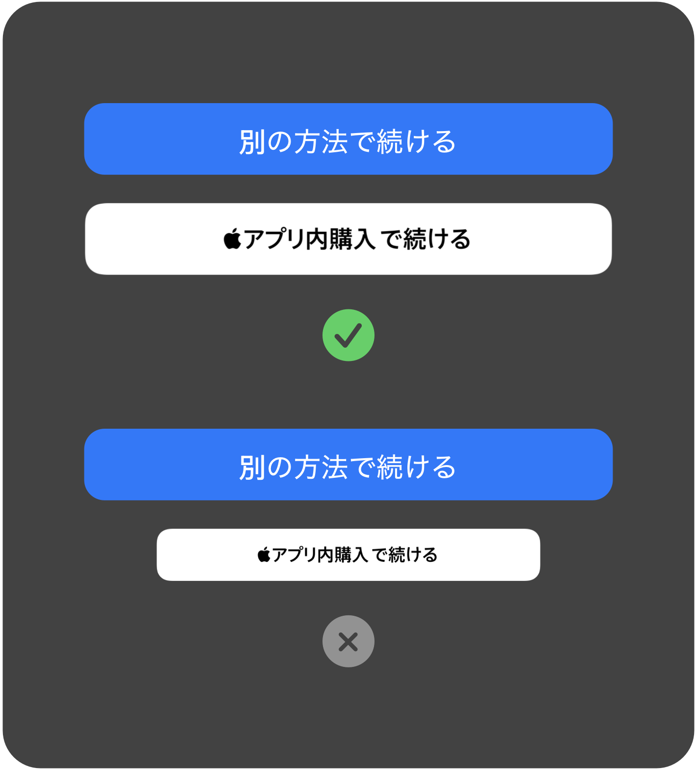 決済フローのステップ1：Appleアプリ内購入と代替決済オプションが同時に表示されている