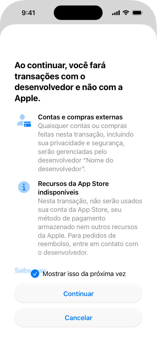 Tela do iPhone exibindo a página informativa para processamento de pagamento alternativo dentro do app