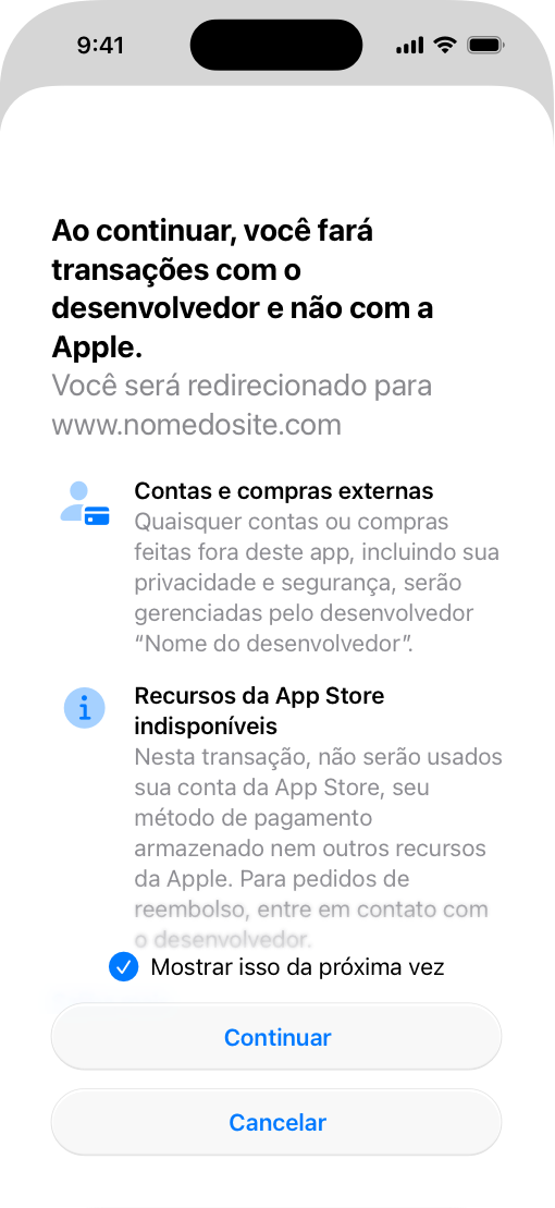 Tela do iPhone exibindo a página informativa para processamento de pagamento alternativo em site externo