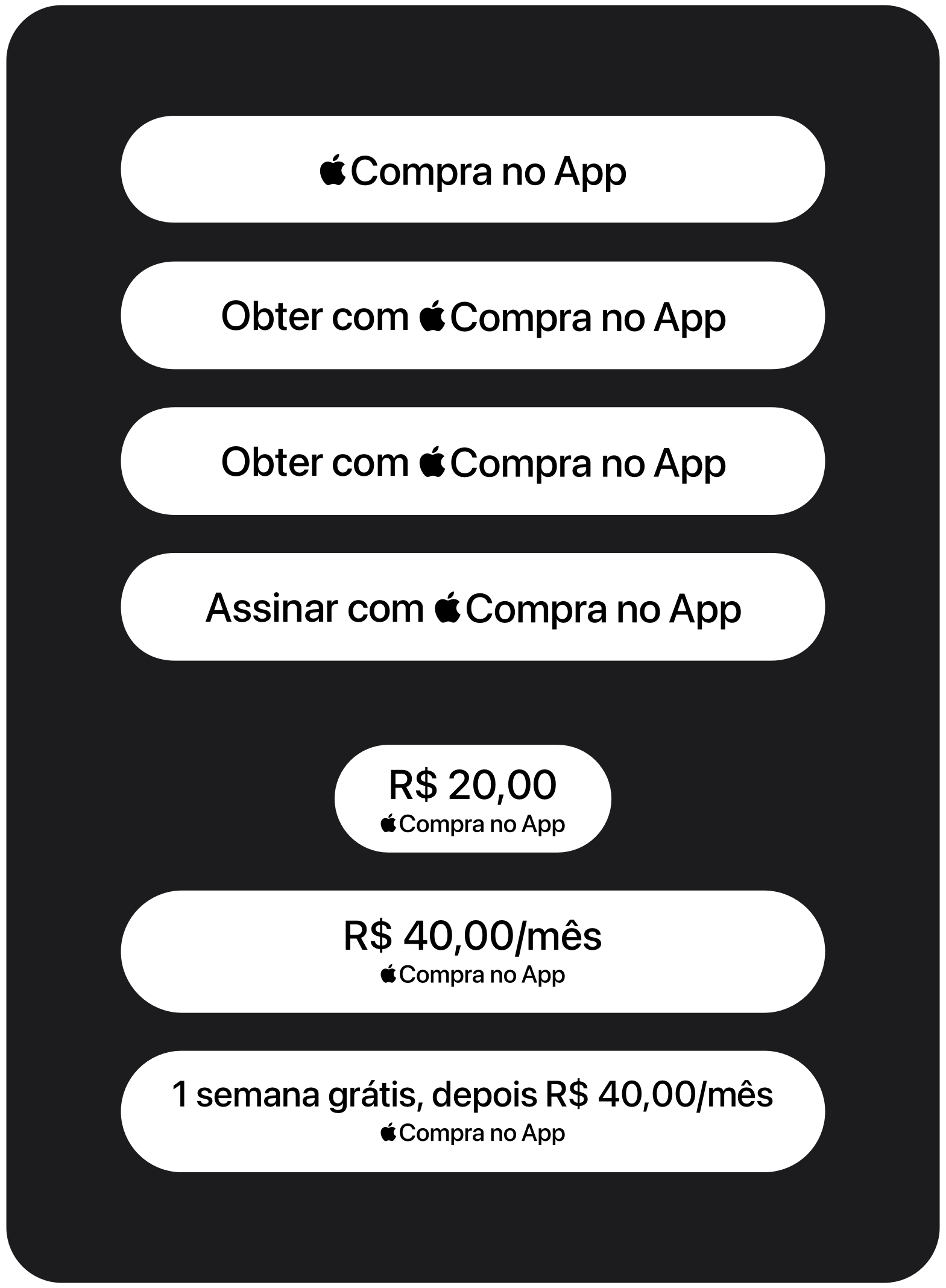 Exemplos de botões padrão da Compra no App com a marca Apple