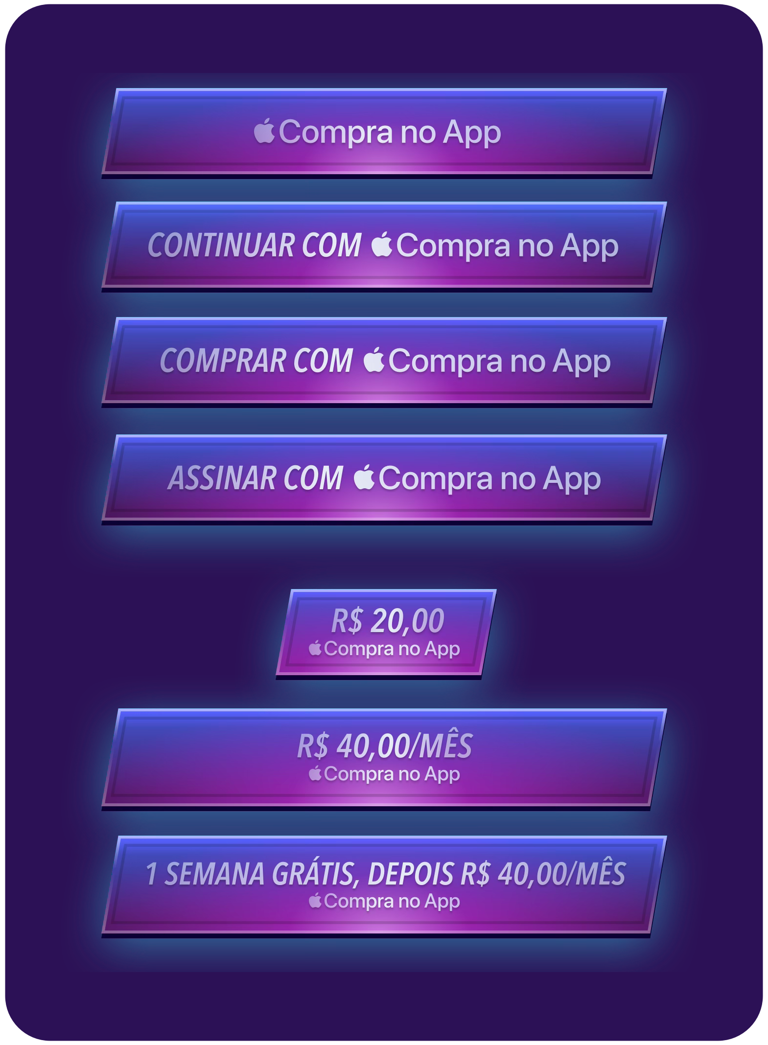 Exemplos de botões personalizados da Compra no App com a marca Apple integrada