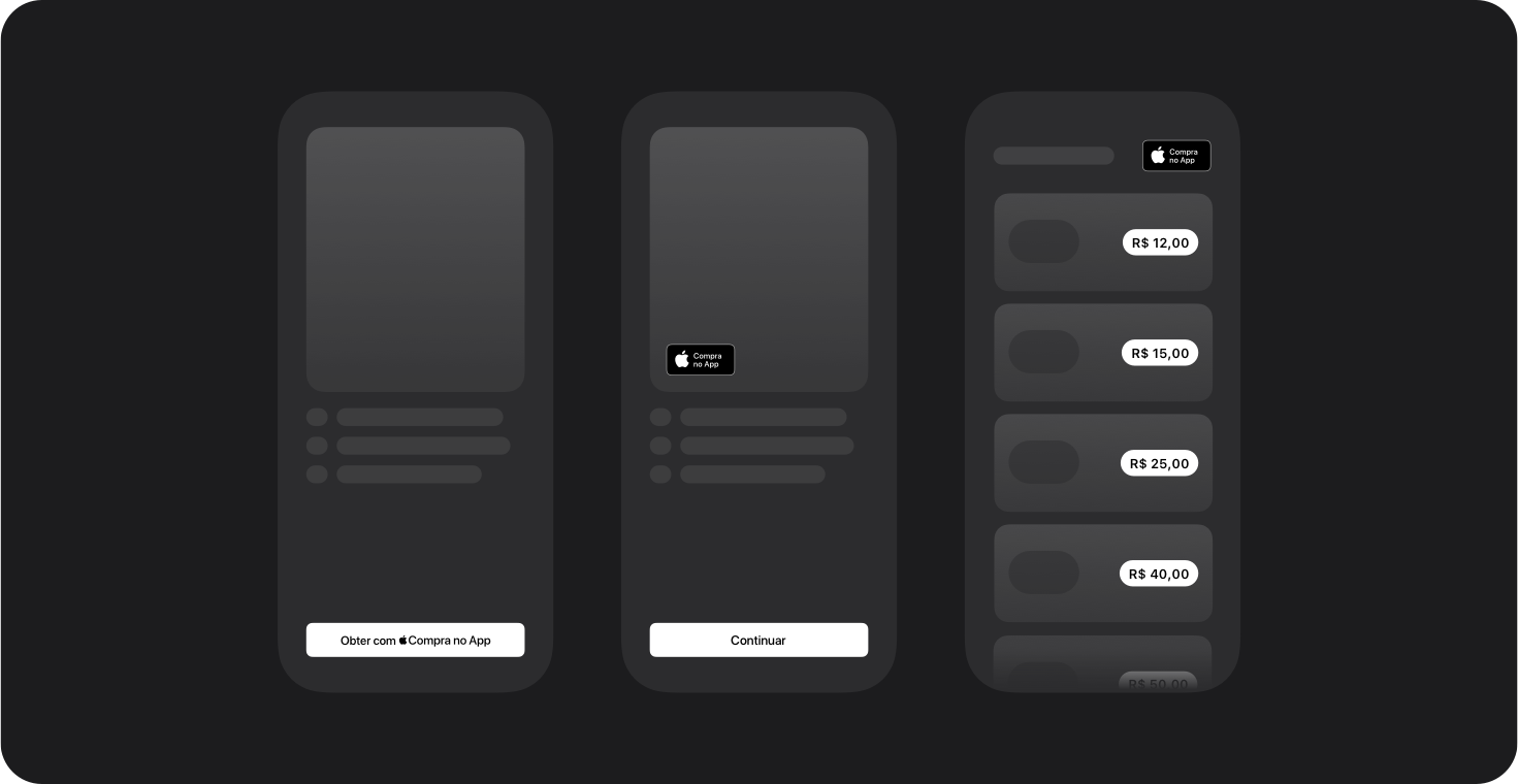 Exemplos de uso correto da marca da Compra no App com a Apple em diferentes layouts de interface de app