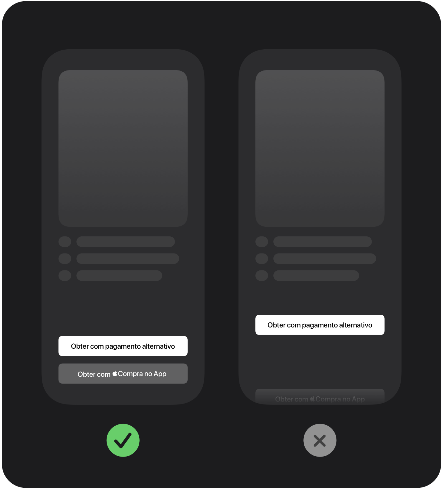 Fluxo de pagamento mostrando ao mesmo tempo a Compra no App com a Apple e opções de pagamento alternativas