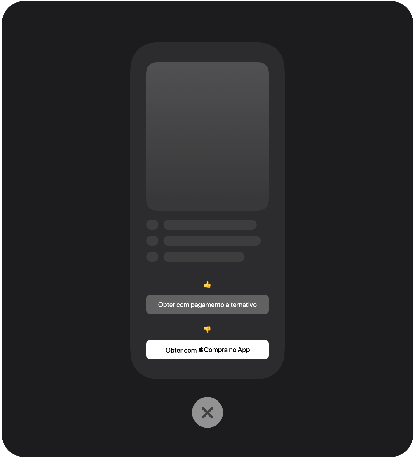 Fluxo de pagamento mostrando ao mesmo tempo a Compra no App com a Apple e opções de pagamento alternativas