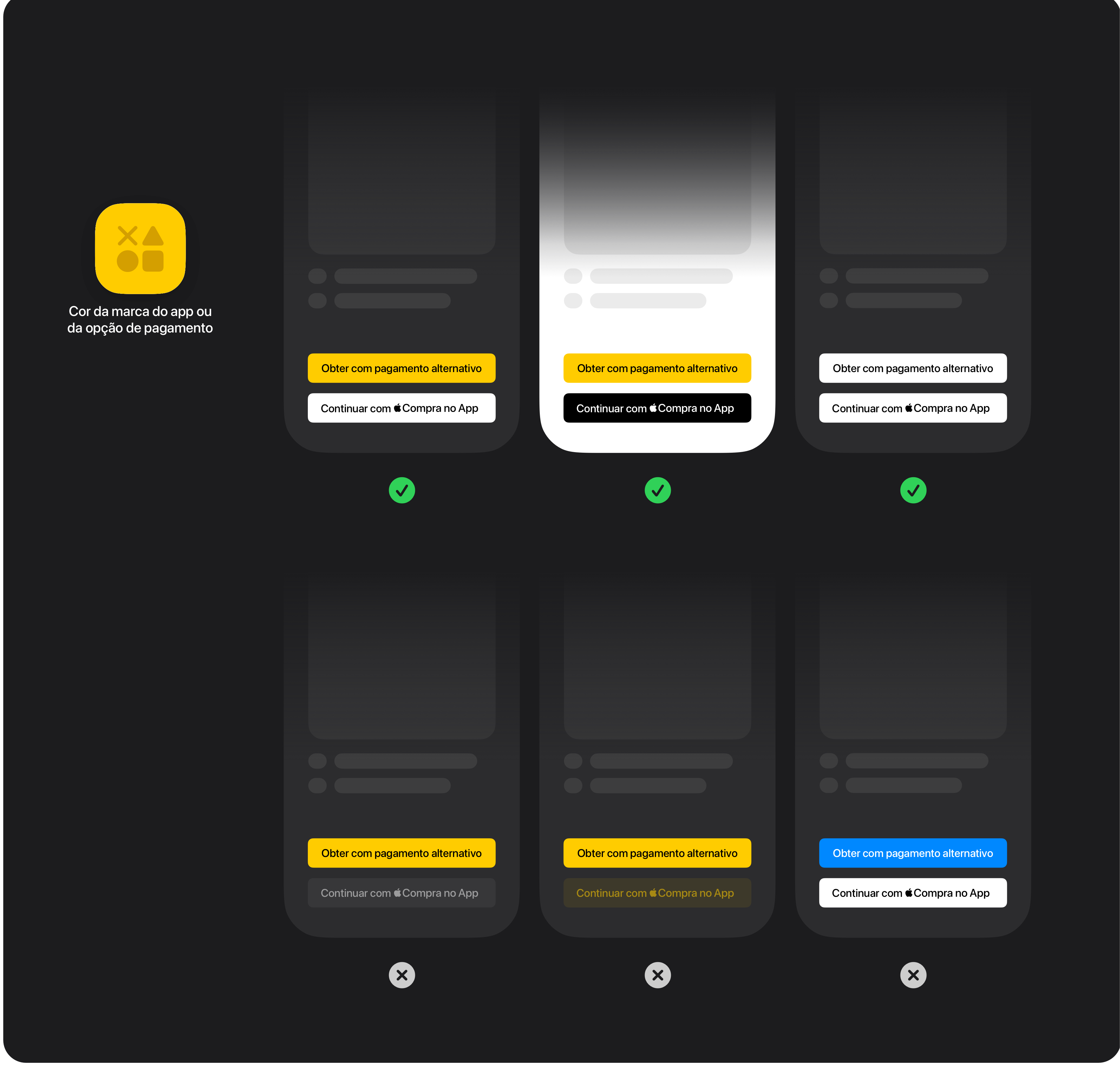 Exemplos de um botão com a marca da Compra no App com a Apple