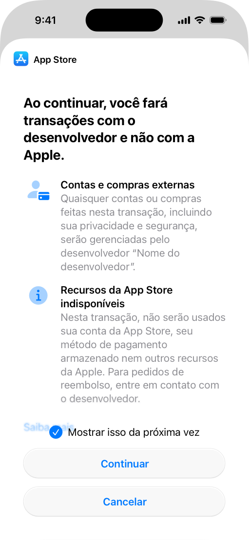 Tela do iPhone mostrando a página informativa fornecida pelo sistema para o processamento de pagamento alternativo dentro do app