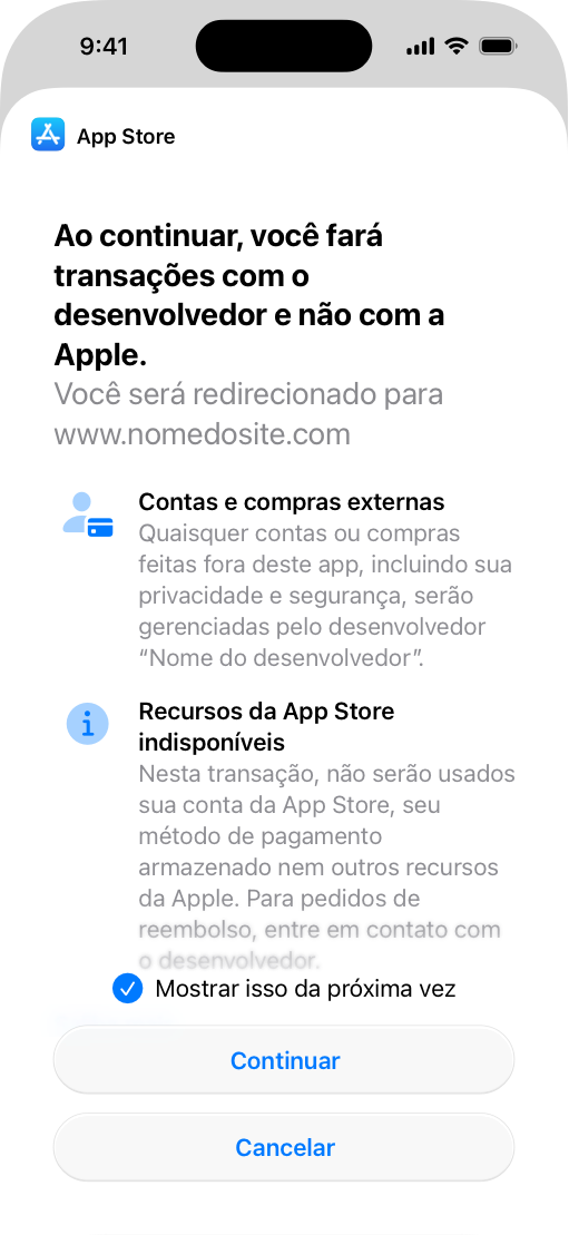 Tela do iPhone mostrando a página informativa fornecida pelo sistema para processamento de pagamento em site externo