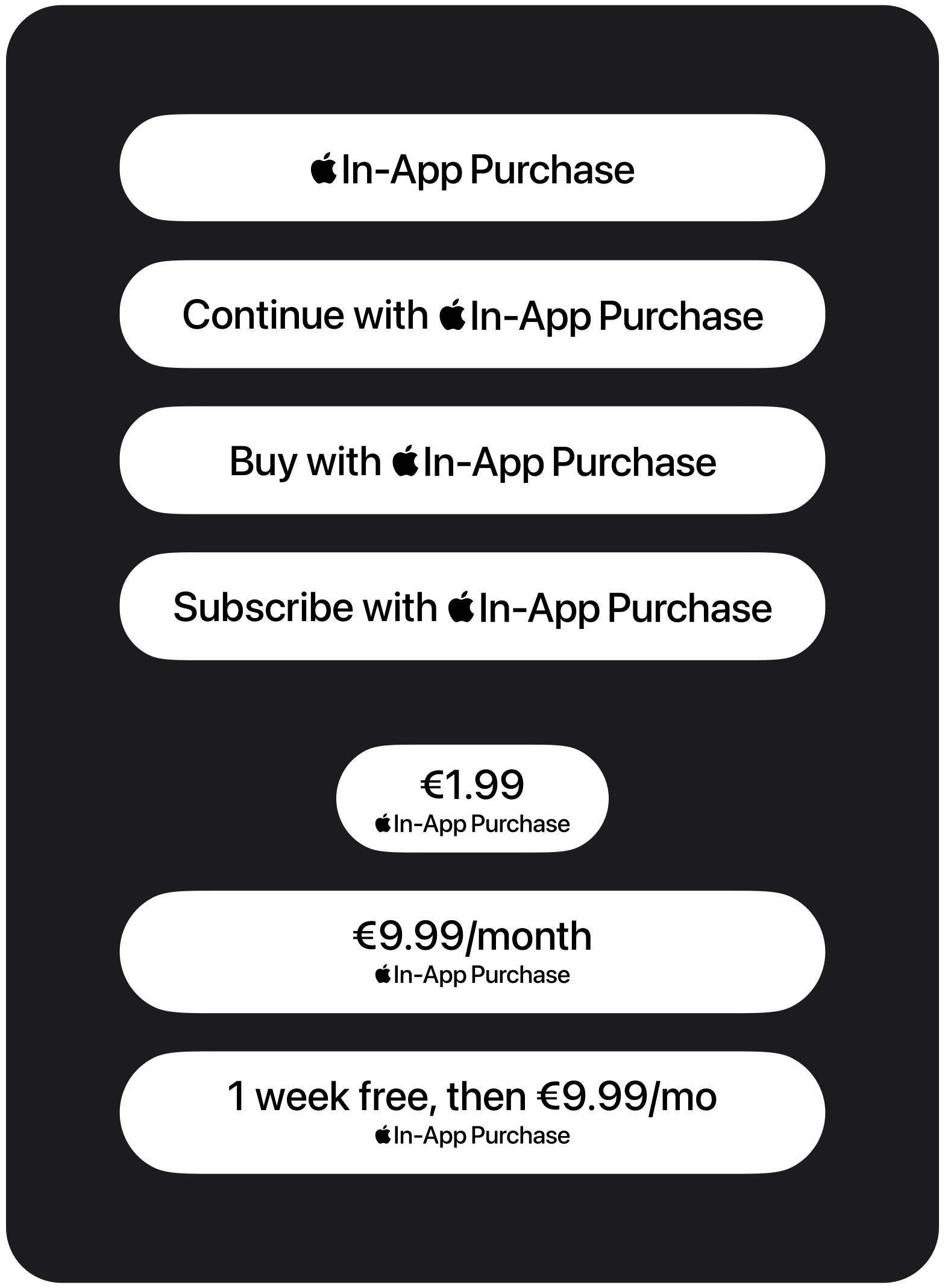 Examples of standard Apple In-App Purchase buttons with Apple branding