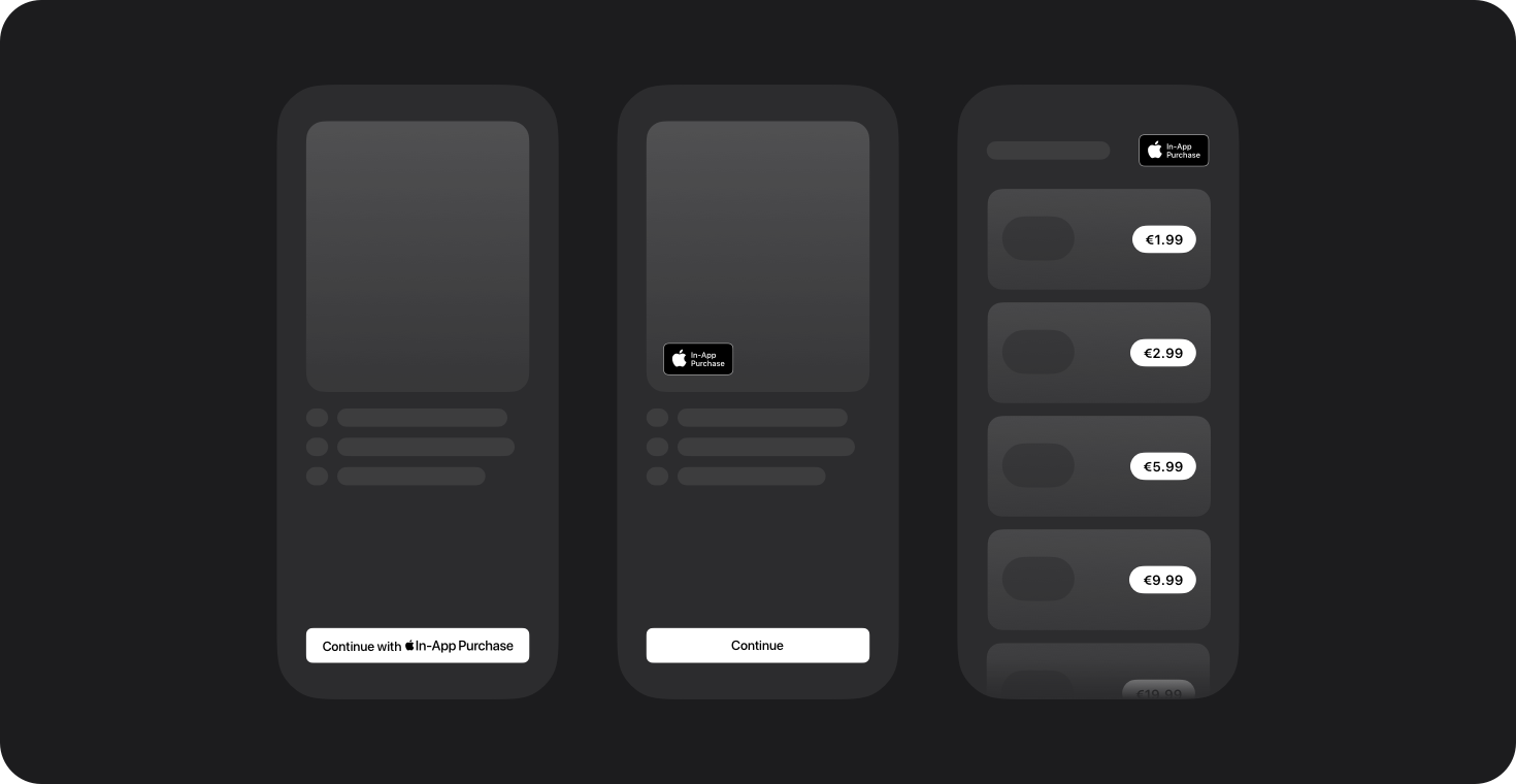 Examples of proper Apple In-App Purchase mark usage in different app interface layouts