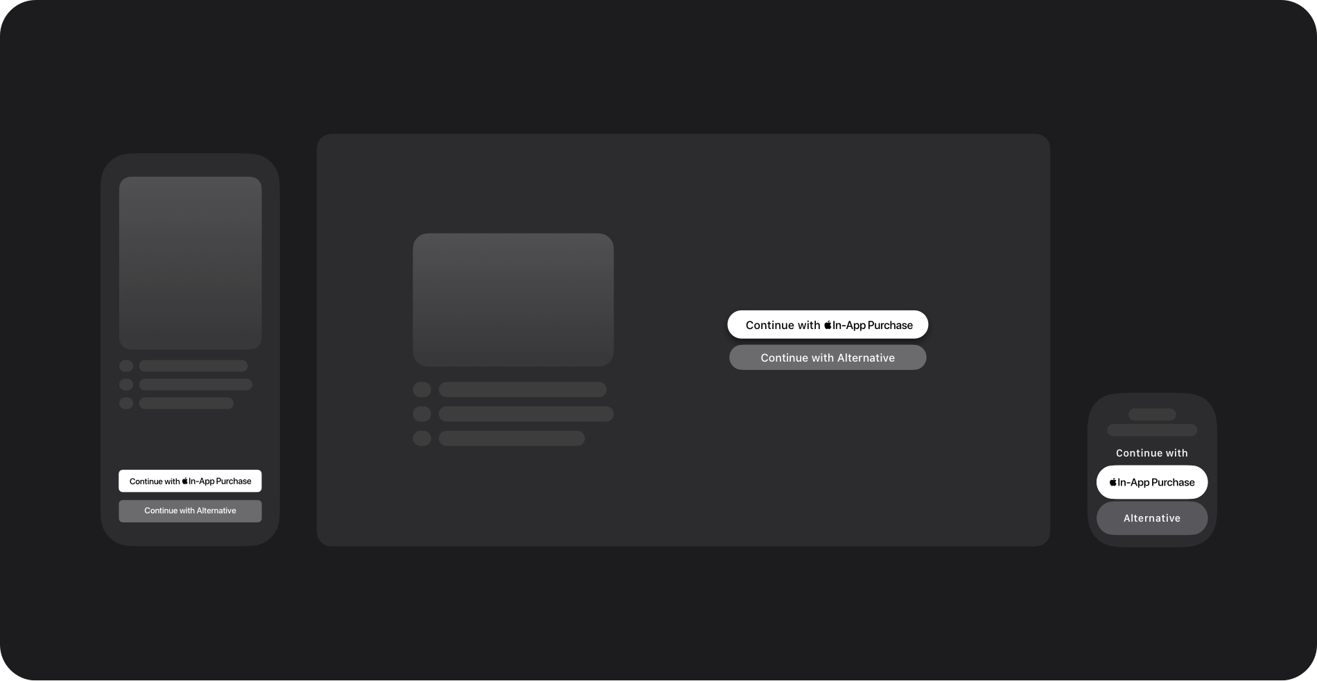 Apple In-App Purchase and alternative payment buttons presented together on iPhone, Apple TV, and Apple Watch