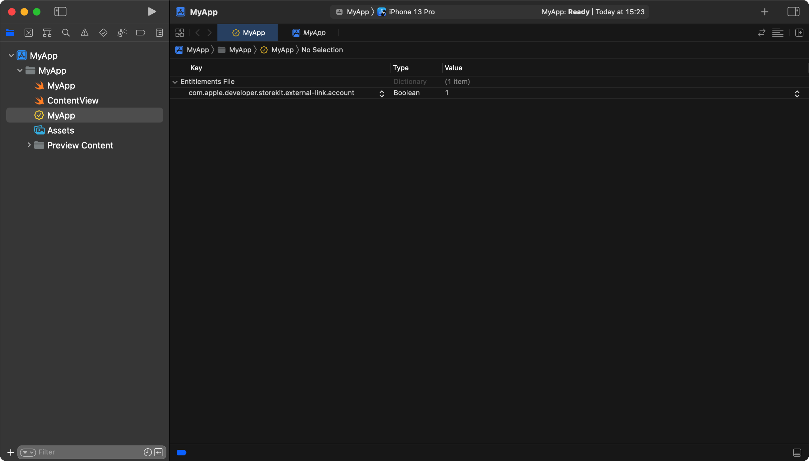 Screenshot dell’abilitazione dell’autorizzazione in Xcode