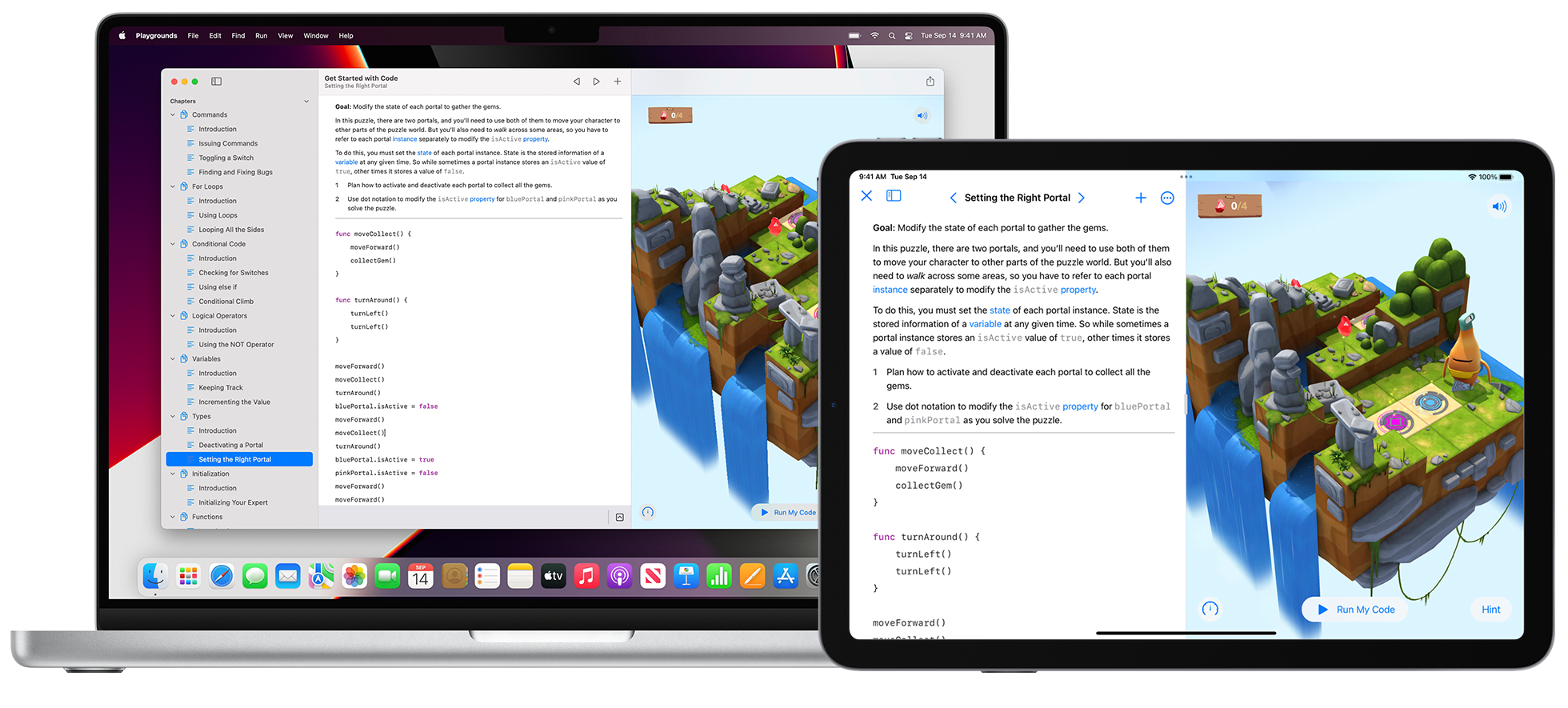 Swift Playground의 대화식 코딩 레슨을 사용 중인 Mac 및 iPad.