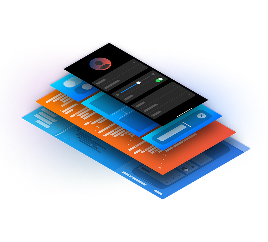 이 이미지는 여러 겹의 사용자 인터페이스 요소가 겹쳐져서 공중에 떠 있는 모습을 표현한 디지털 일러스트레이션입니다.