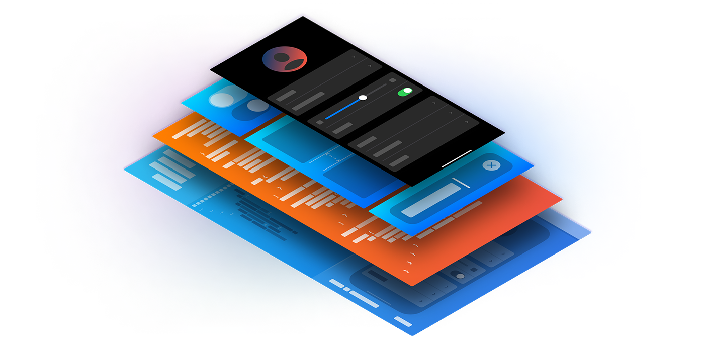 This image is a digital illustration that portrays a floating stack of user interface elements layered.