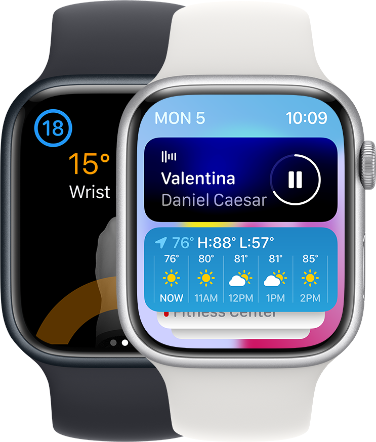 一张 Apple Watch 图片，图中的显示屏上显示了一个音乐播放控制功能和天气预报。