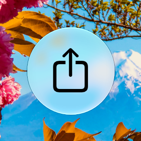 A screenshot of the Share button in iOS over a colorful image. The colors from the background image infuse the Liquid Glass in the button, affecting its color.