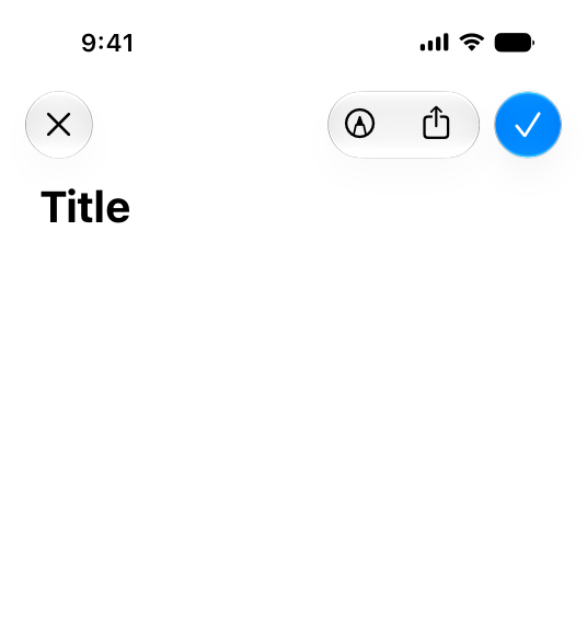 A screenshot of the top half of an iPhone app that shows a toolbar with several buttons. Only the Done button in the toolbar uses a blue accent color for its Liquid Glass background.