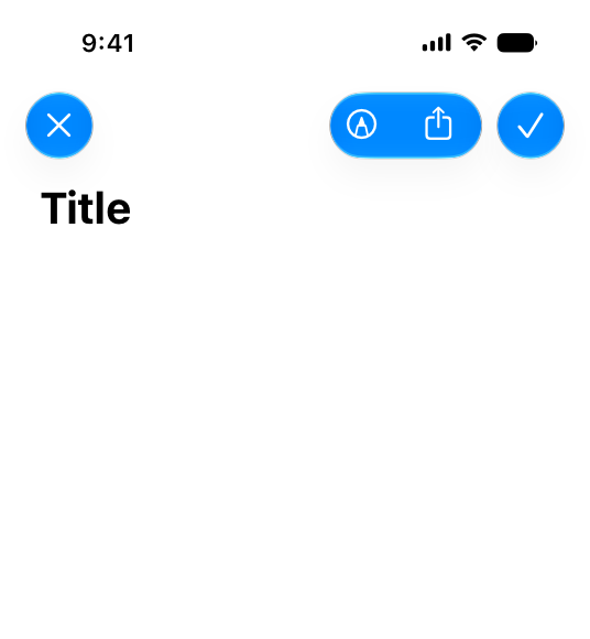 A screenshot of the top half of an iPhone app that shows a toolbar with several buttons. All of the buttons in the toolbar use a blue accent color for their Liquid Glass background.