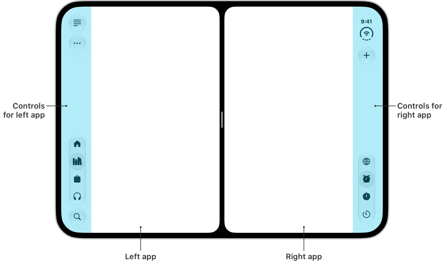 Split View 中，左右 app 的控制列分別靠各自的外側