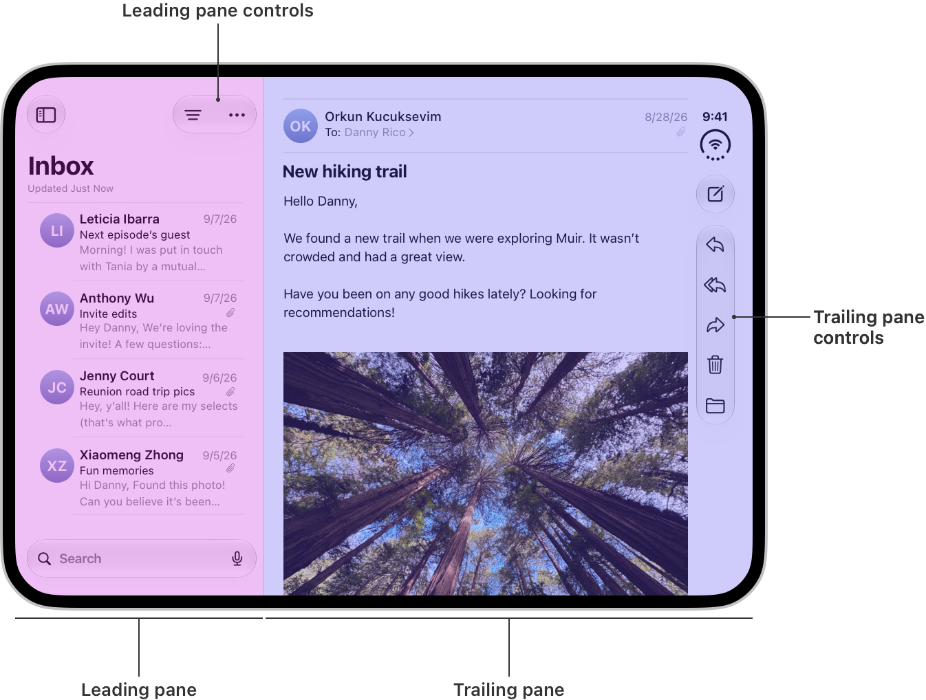 A screenshot of Mail on the inner display of iPhone Duo, with tint colors overlaid to indicate the leading and trailing panes. Callouts indicate the location of controls for the leading pane, placed directly at the top of the pane, and controls for the trailing pane, placed vertically on the trailing edge.