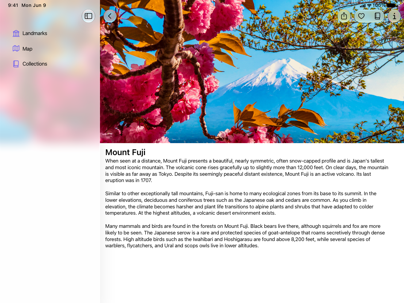 A screenshot of a full-screen iPad app with a sidebar on the leading edge. A photo of Mount Fuji fills the top half of the content area. The photo subtly blurs as it reaches the top of the screen, where toolbar items float above it grouped on the trailing edge. Where the photo meets the sidebar, the image flips, blurs, and extends fully beneath the sidebar to the edge of the screen.