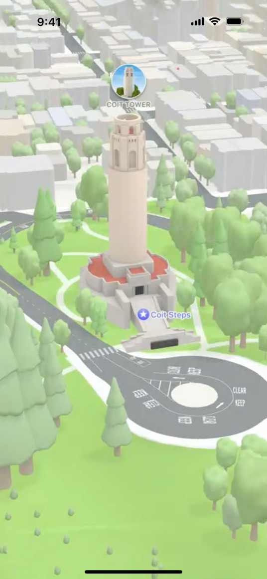 A screenshot of a map on iPhone showing Coit Tower with the default emphasis style.