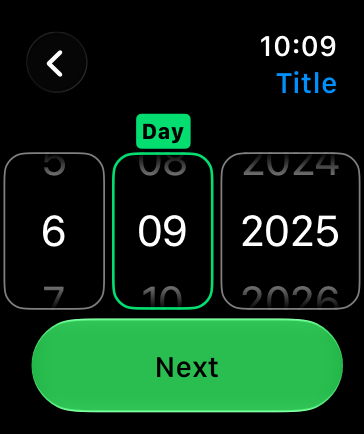 An illustration representing a screen containing a date picker on Apple Watch, with the day highlighted.